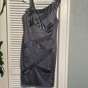 Gray asymmetrical sequin cocktail dress with one shoulder and cut out details